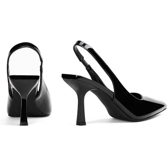 🆕3.14 Women Black Patent Polyurethane Trendy Slingback Stiletto Pumps Heels - Picture 5 of 9